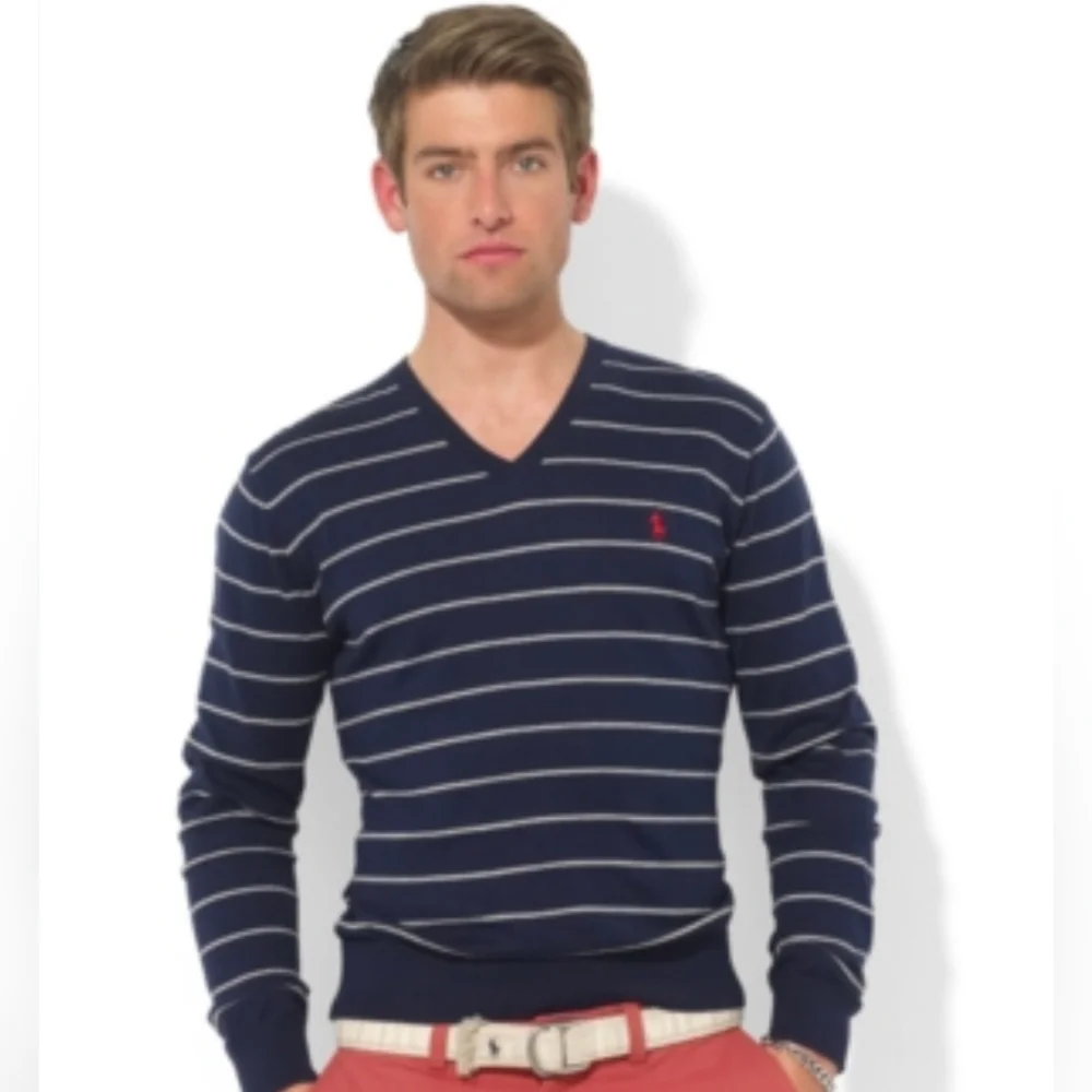 Polo Ralph Lauren Blue White Striped Pullover Sweater XL Coastal Preppy‎